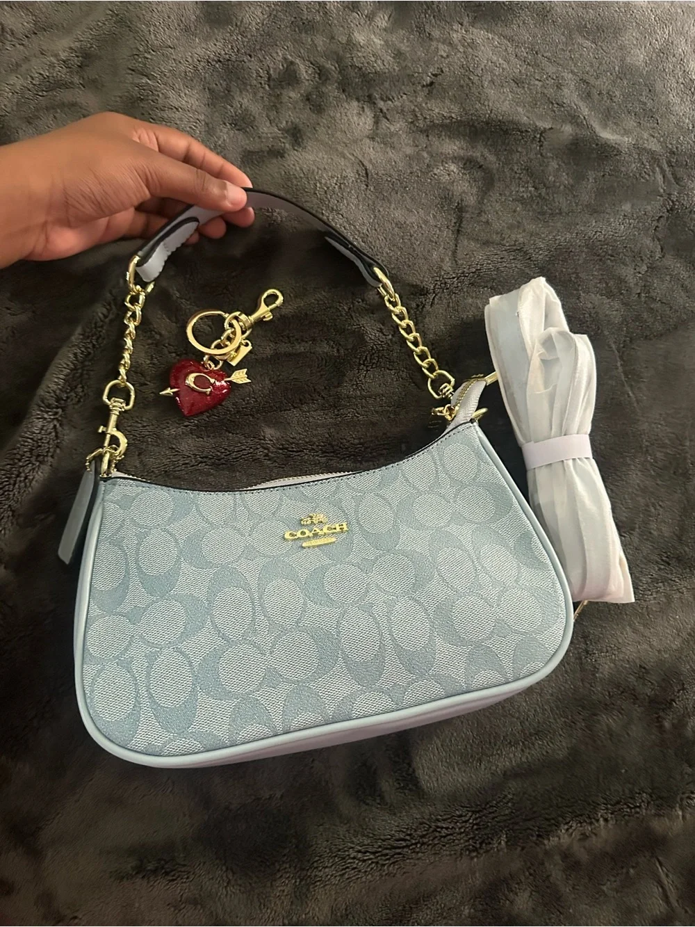 COACH Light Blue Signature Canvas Chain-Handle Shoulder Bag